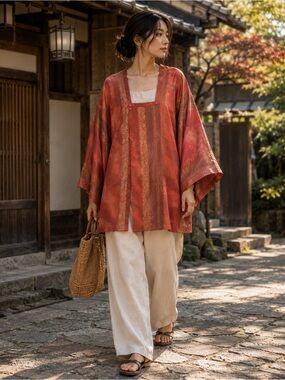 Japanese Traditional Kimono Snap Front Rust Gold One Size Boho Artwear Resort